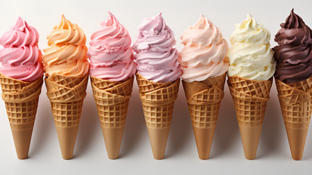 Different flavors of ice cream in waffle cones on white background, closeupの素材