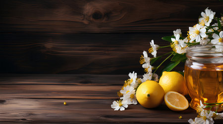 Honey with lemon and jasmine flowers on a wooden backgroundの素材
