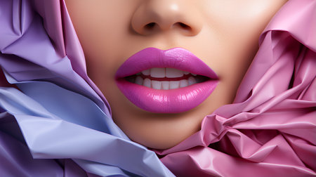 Closeup of beautiful female lips with pink glossy lipstick and purple silk scarfの素材