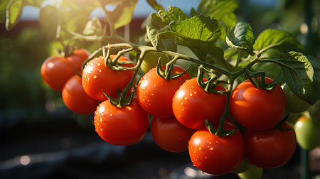 Ripe red tomatoes on a branch in the garden. Close-up.の素材