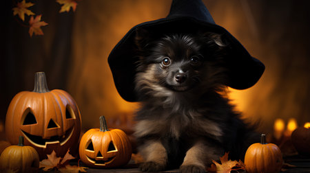puppy of chihuahua in witch hat and pumpkinの素材