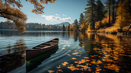 Beautiful autumn landscape with lake and wooden rowing boat on the lakeの素材