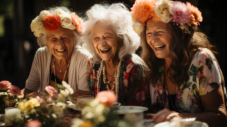 Group of senior women having fun together in a cafe. They are laughing and having fun.の素材