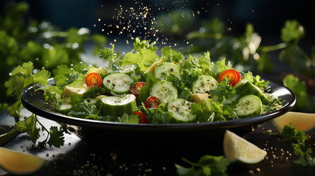 Green salad with cucumber, cherry tomatoes and herbs on black backgroundの素材