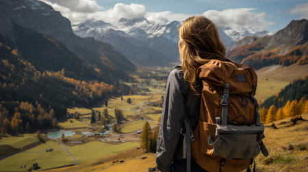 A young woman with a backpack on the background of the mountains.の素材