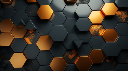 Abstract 3d rendering of hexagons background. Golden and black metallic hexagons with glowing effects. Reflective surface.の素材
