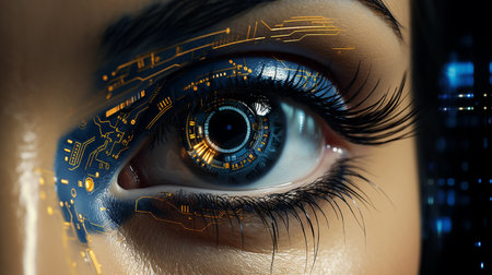Close-up of female eye with digital circuit. 3d renderingの素材