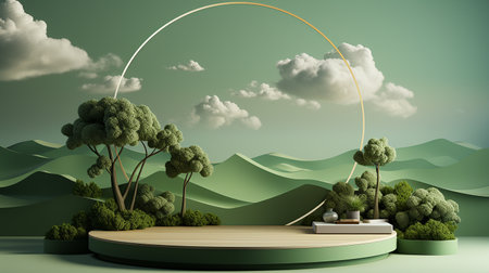 3d render of podium with green trees and mountain landscape background.の素材