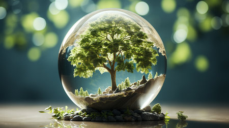 Crystal ball with green tree inside. Ecology concept. 3D Renderingの素材