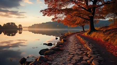 Autumn tree on the shore of a lake. Colorful autumn scenery.の素材