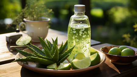 Aloe vera juice in a bottle and fresh aloe vera leaves on a wooden table.の素材