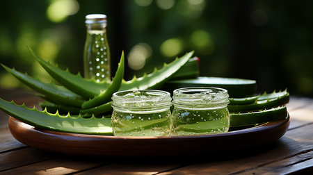 Aloe vera gel in glass jar and fresh aloe leaves on wooden tableの素材