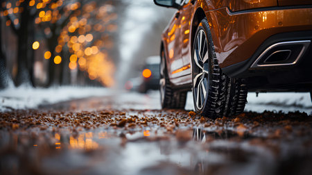 Car on a wet road during a snowfall in the city.の素材