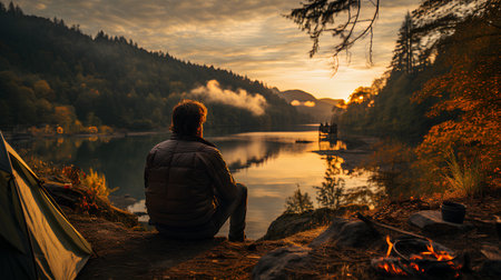 A man sitting on the shore of a mountain lake and watching the sunsetの素材