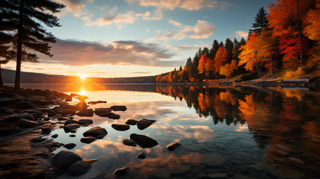 Autumn lake at sunset. Beautiful landscape with forest and lake.の素材