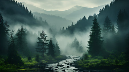 Foggy mountain landscape with a river and coniferous forestの素材