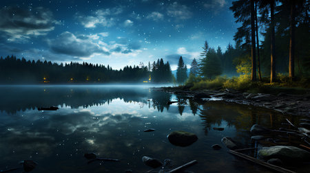 Mysterious forest lake in the night.の素材