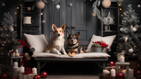 Two dogs sitting on a sofa in the interior of the room decorated for Christmasの素材