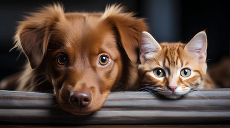 Cat and dog together on the bed at home. Pet care conceptの素材