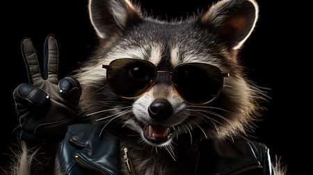 Portrait of a raccoon in sunglasses on a black background.の素材