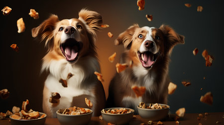 Two dogs with bowls of dog food on dark background. Collageの素材