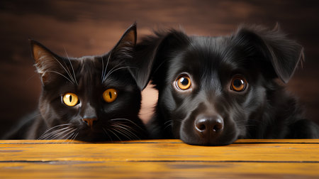 Two black cats and a dog on a wooden background. Pets.の素材