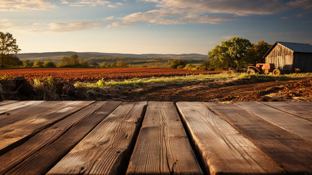 Wooden table in front of a farm landscape at sunset. Toned.の素材