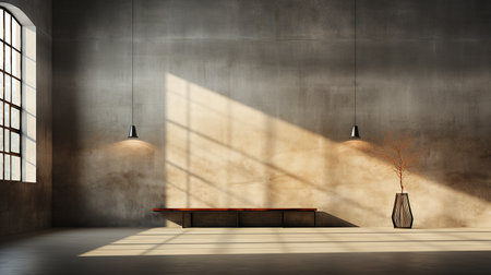 Empty room with concrete wall and wooden bench. 3D Renderingの素材