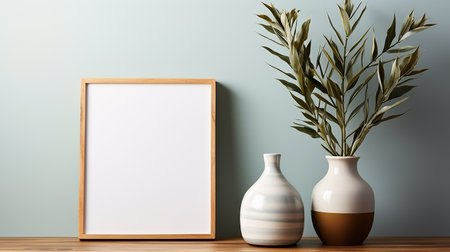 Interior mockup with wooden frame and vase. 3d renderingの素材