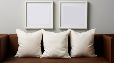 Two white pillows on a brown sofa with a white frame on the wallの素材