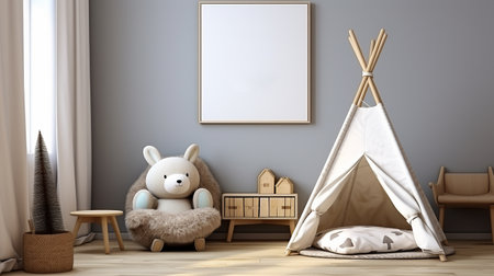 Mock up poster frame in children room interior background, 3D renderの素材