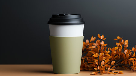 Coffee cup mockup with autumn leaves. 3D renderingの素材