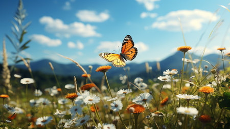 Butterfly on daisy flowers in the meadow with blue skyの素材