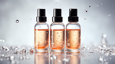 Transparent glass bottles with cosmetic oil and drops on a reflective surfaceの素材