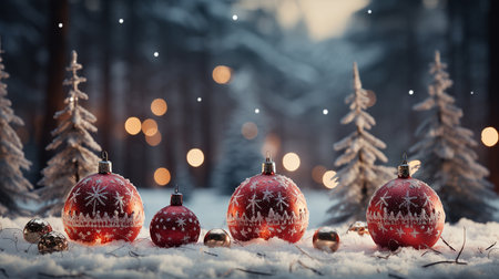 Red christmas balls on snow with bokeh background, winter holiday conceptの素材