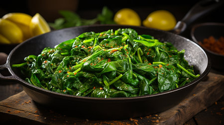 Stir-fried spinach in a frying pan on a wooden tableの素材
