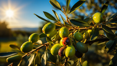 Green olives on olive tree branch in sunset light. natural backgroundの素材