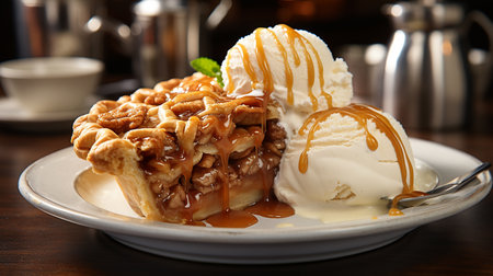 Ice cream with caramel and walnuts on a plate, closeupの素材