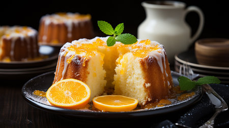 Orange bundt cake with fresh orange and mint on dark wooden backgroundの素材