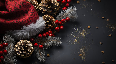 Christmas background with red Santa hat, pine cones, berries and nuts on black backgroundの素材