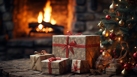 Christmas presents in front of a fireplace in a cozy living room.の素材