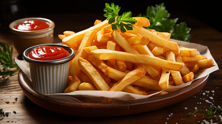 Golden French fries potatoes with ketchup and parsley on wooden backgroundの素材
