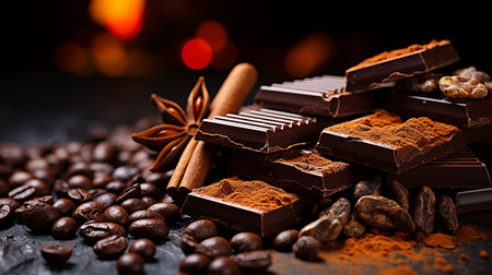 chocolate,coffee beans and cinnamon on a black background.の素材