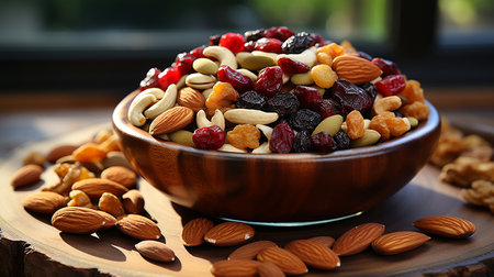 Bowl with tasty dried fruits and nuts on table, closeupの素材