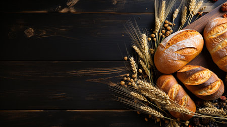 Bread and wheat ears on dark wooden background. Top view with copy spaceの素材