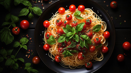 Spaghetti with tomato sauce and basil on black wooden table, top viewの素材