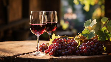 Wineglasses with red and white grapes on wooden table in vineyardの素材