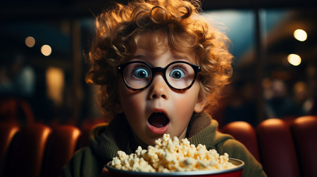 Surprised boy in glasses eating popcorn and watching a movie in cinemaの素材