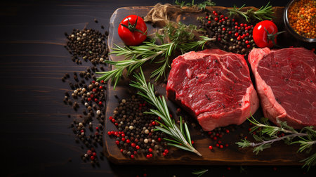 Raw beef steak on cutting board with spices and herbs on wooden backgroundの素材