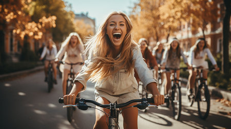 Group of happy friends riding bicycles in the city. They are laughing and having fun.の素材